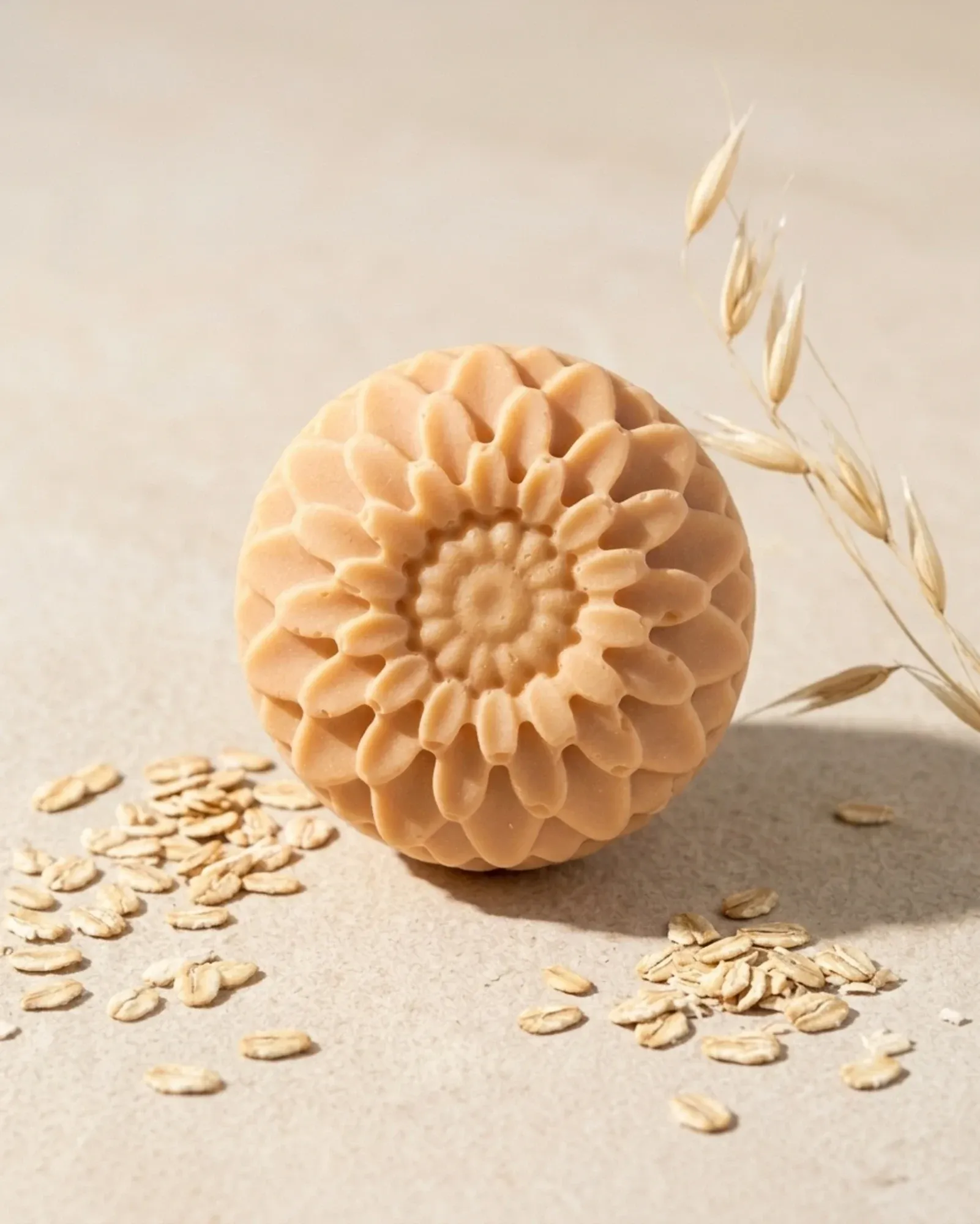 Jabón de avena sobre fondo claro, con una espiga y copos de avena