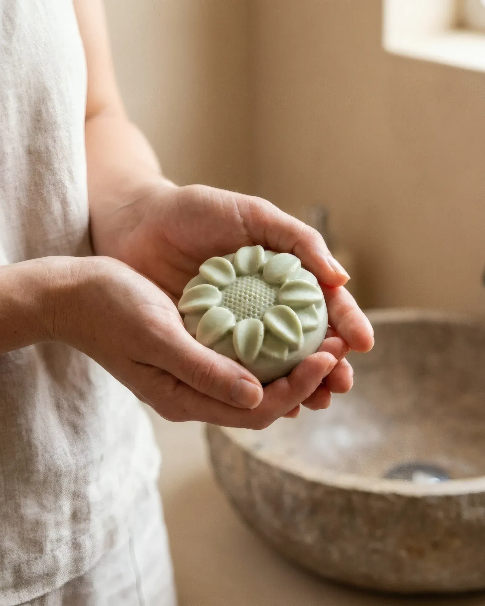 Dos manos sostienen un jabón con una flor en relieve, junto a una pileta de piedra